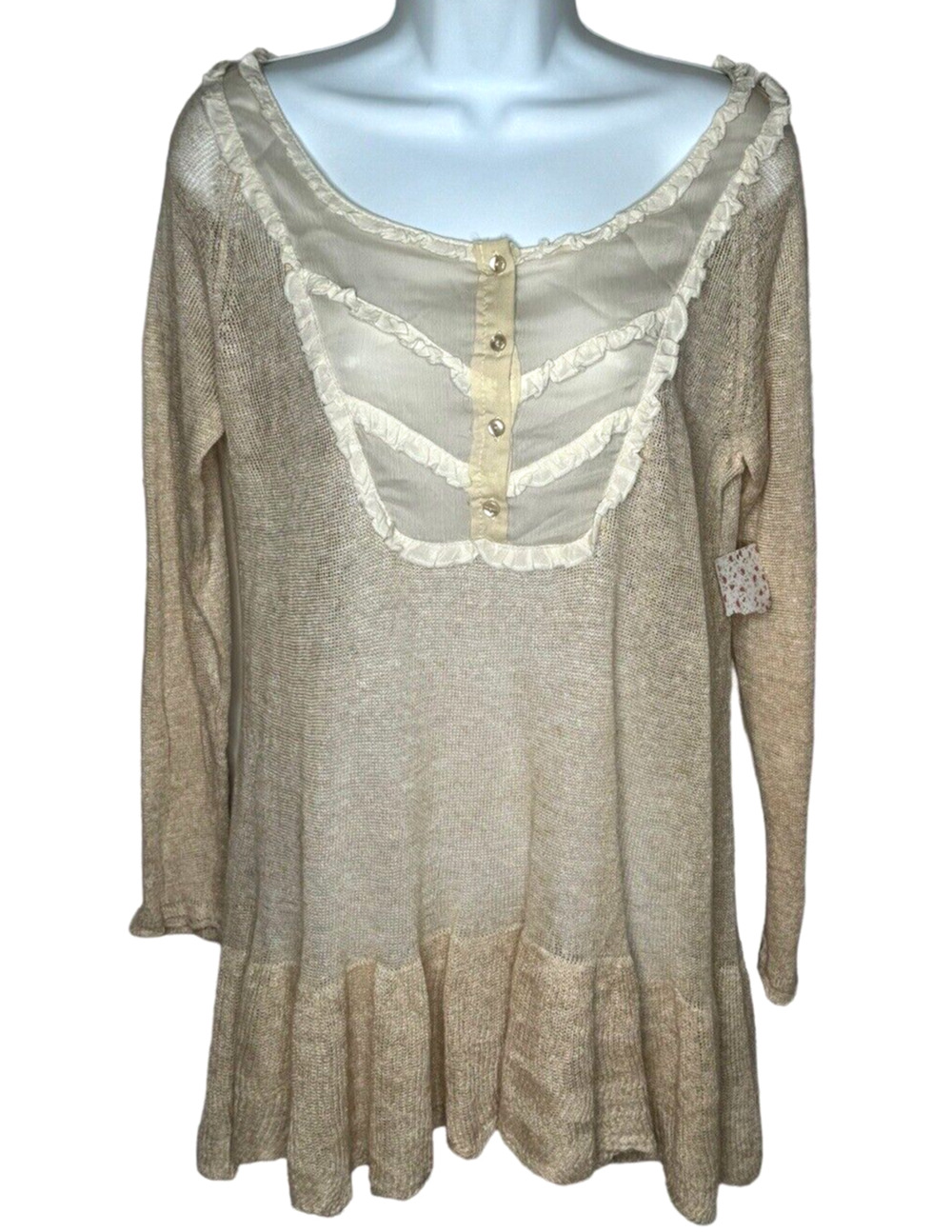 Free People Babydoll Top S‎ Tan Linen Ivory Lace Trim Peplum Ruffle NWT